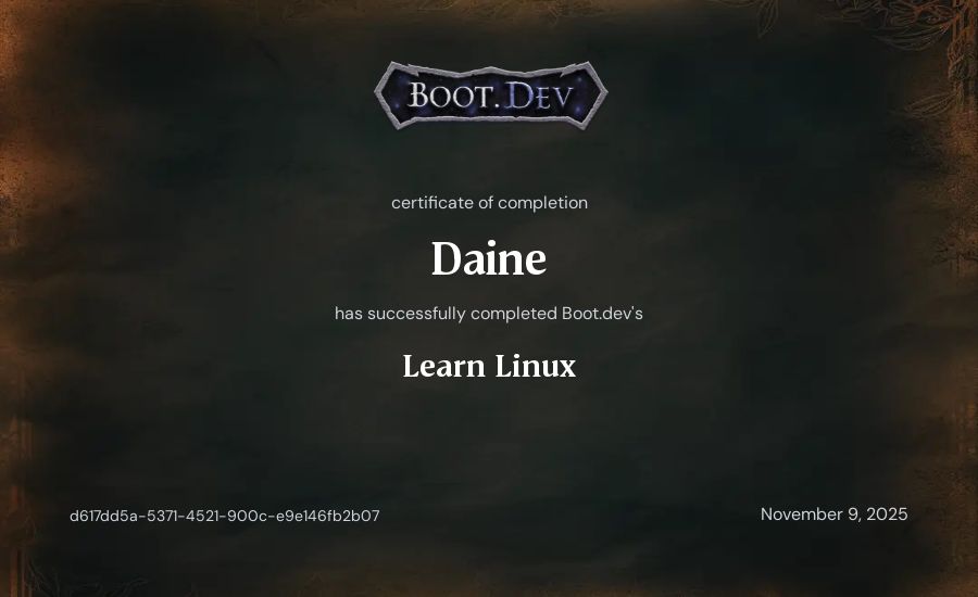 Daine's Boot.dev Learn Linux certificate