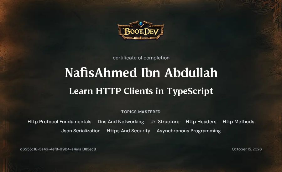 NafisAhmed Ibn Abdullah's Boot.dev Learn HTTP Clients in TypeScript certificate