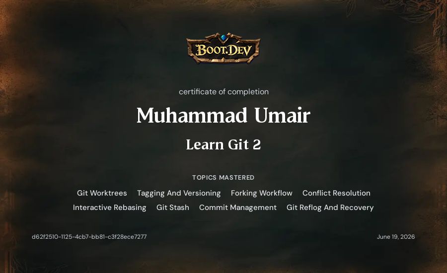 Muhammad Umair's Boot.dev Learn Git 2 certificate