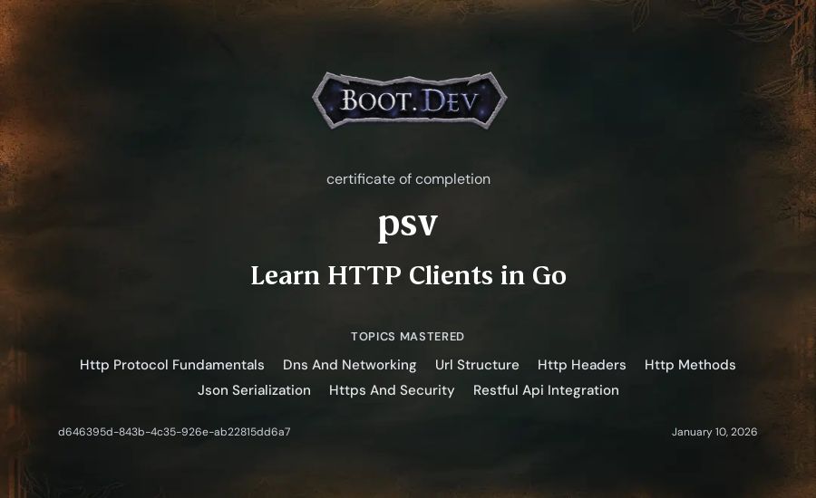 psv's Boot.dev Learn HTTP Clients in Go certificate