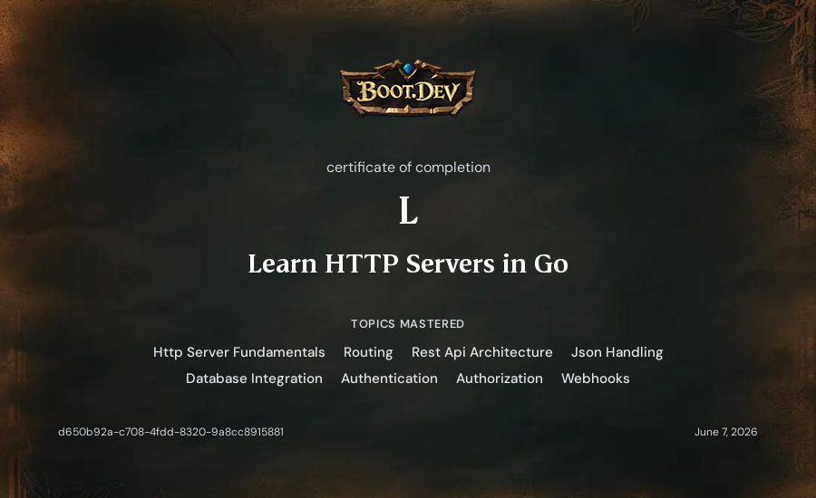 L's Boot.dev Learn HTTP Servers in Go certificate
