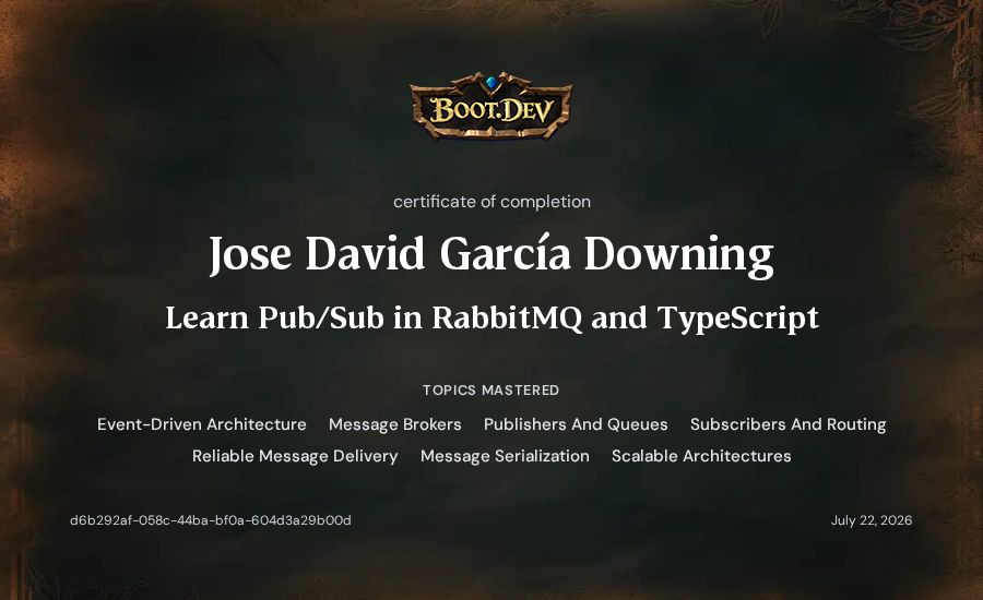Jose David García Downing's Boot.dev Learn Pub/Sub in RabbitMQ and TypeScript certificate