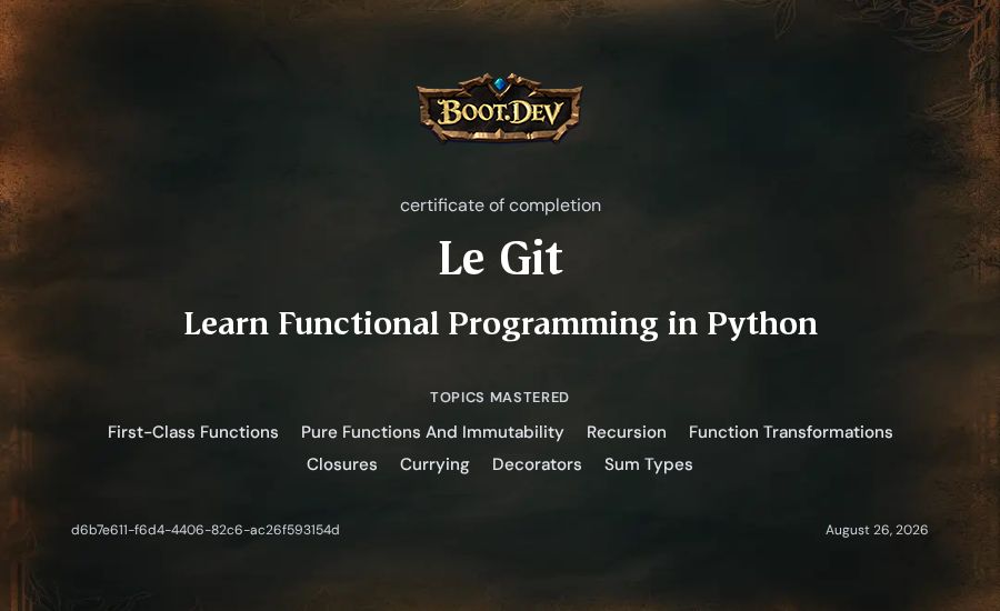 Le Git's Boot.dev Learn Functional Programming in Python certificate