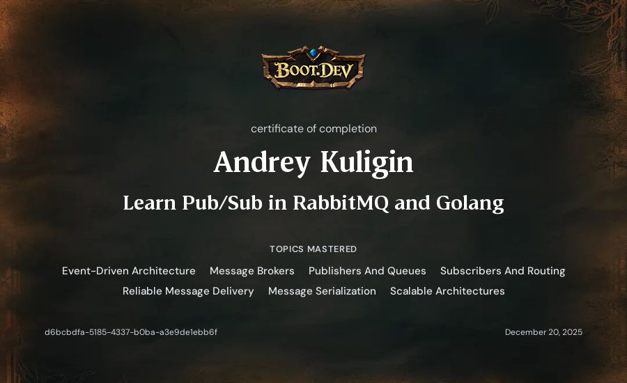 Andrey Kuligin's Boot.dev Learn Pub/Sub in RabbitMQ and Go certificate