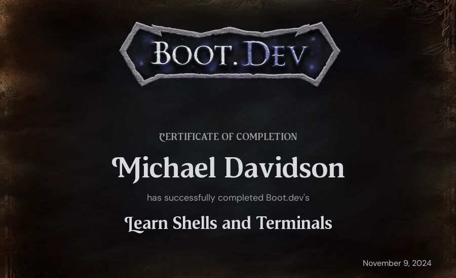 Mike Davidson's Boot.dev Learn Linux certificate