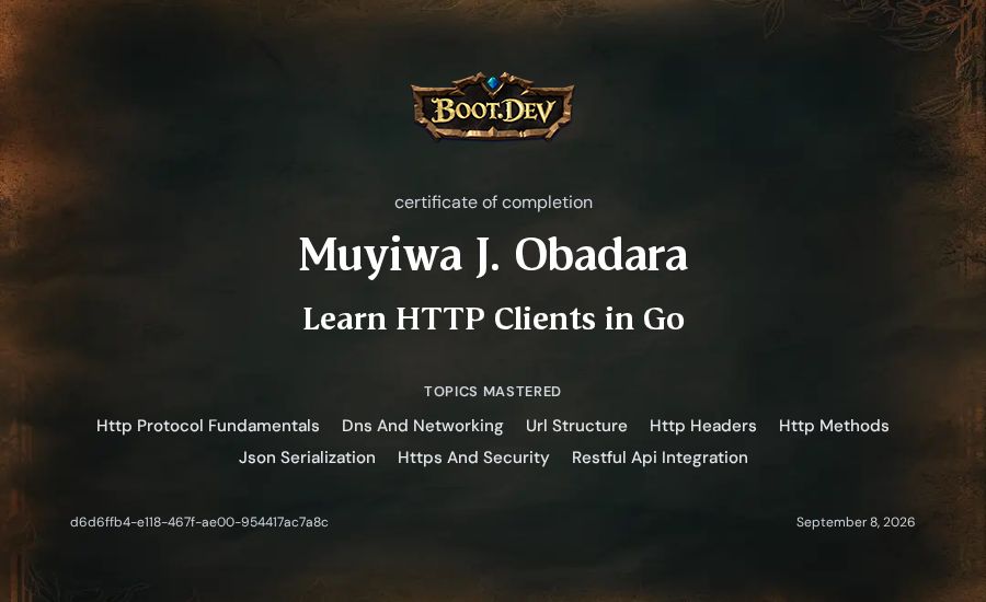 Muyiwa J. Obadara's Boot.dev Learn HTTP Clients in Go certificate