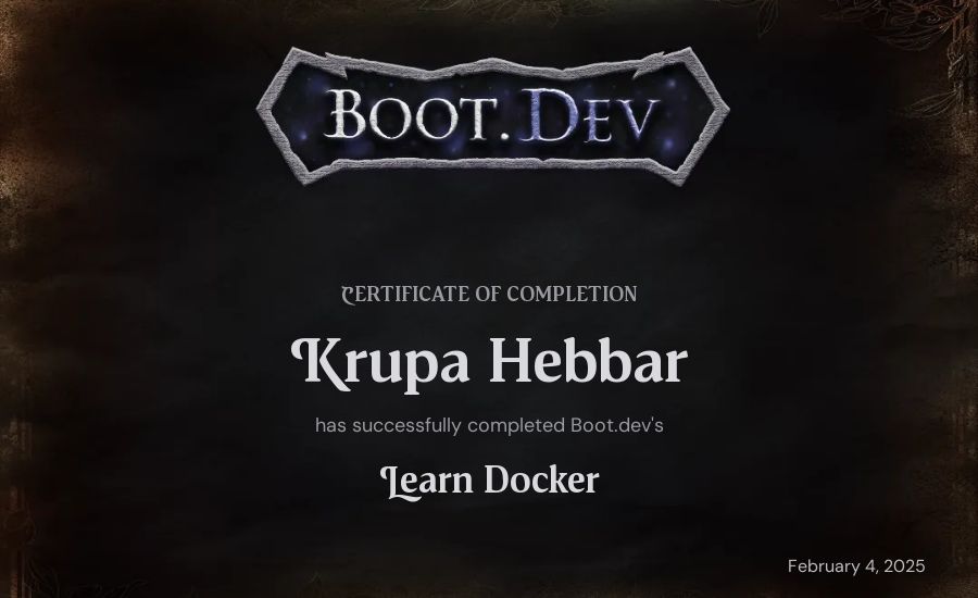 Krupa Hebbar's Boot.dev Learn Docker certificate