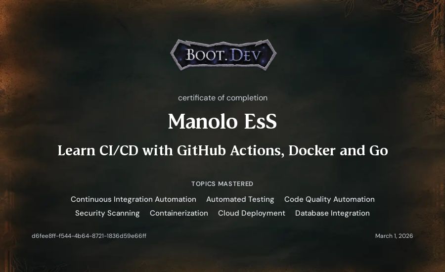 Manolo EsS's Boot.dev Learn CI/CD with GitHub Actions, Docker and Go certificate