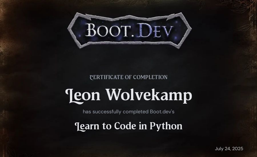 Leon Wolvekamp's Boot.dev Introduction to Python Course certificate