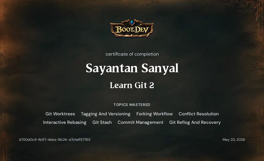 Sayantan Sanyal's Boot.dev Learn Git 2 certificate