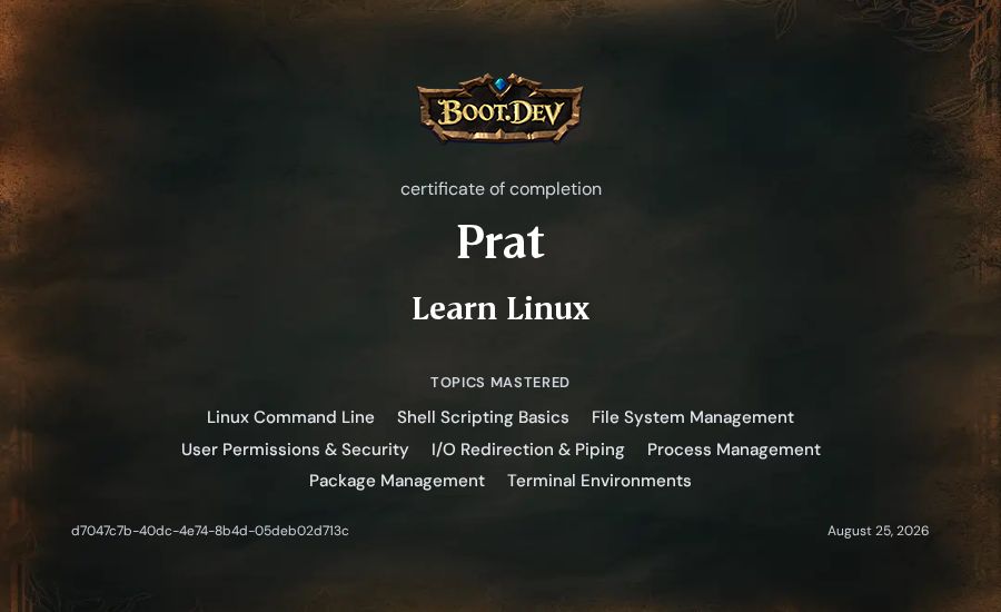 Prat's Boot.dev Learn Linux certificate