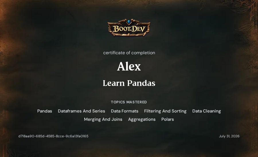 Alex's Boot.dev Learn Pandas certificate