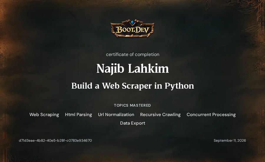 Najib Lahkim's Boot.dev Build a Web Scraper in Python certificate