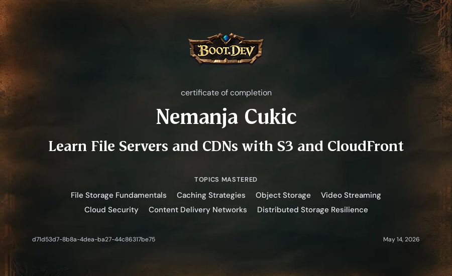 Nemanja Cukic's Boot.dev Learn File Servers and CDNs with S3 and CloudFront certificate