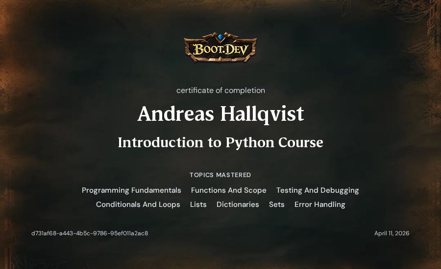 Andreas Hallqvist's Boot.dev Introduction to Python Course certificate
