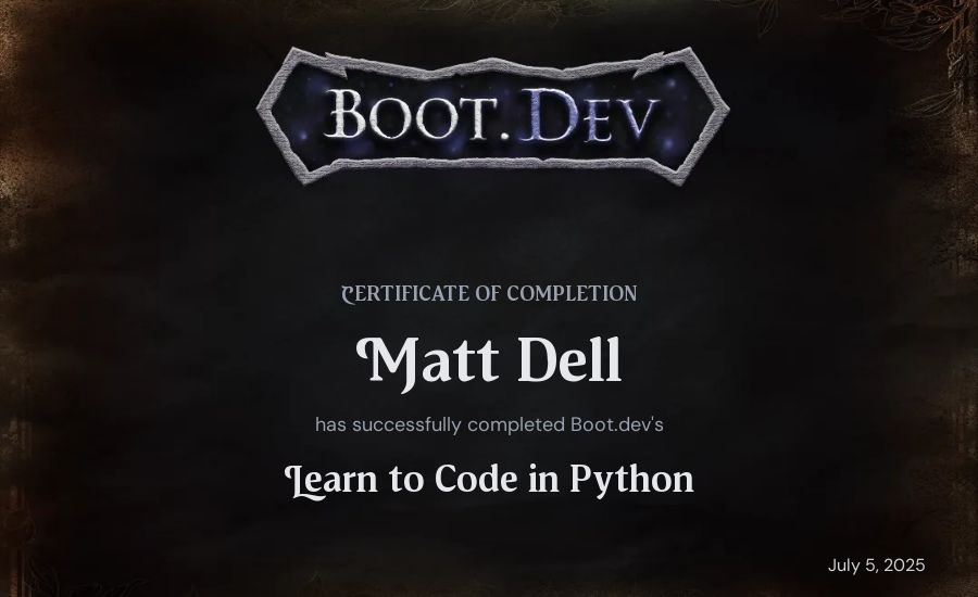 Matt Dell's Boot.dev Introduction to Python Course certificate