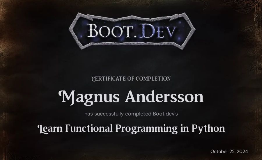 Magnus Andersson's Boot.dev Learn Functional Programming in Python certificate