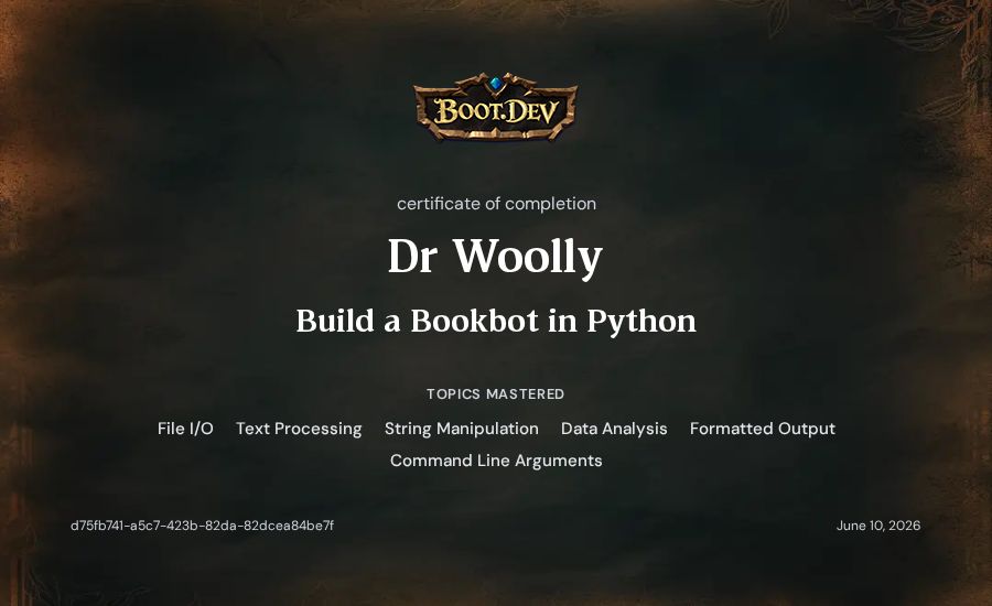 Dr Woolly's Boot.dev Build a BookBot in Python certificate