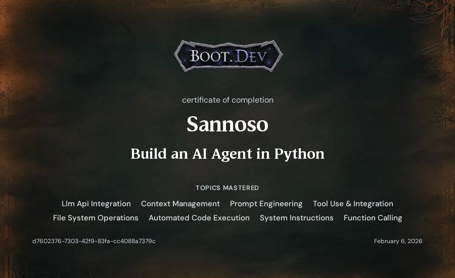 Sannoso's Boot.dev Build an AI Agent in Python certificate