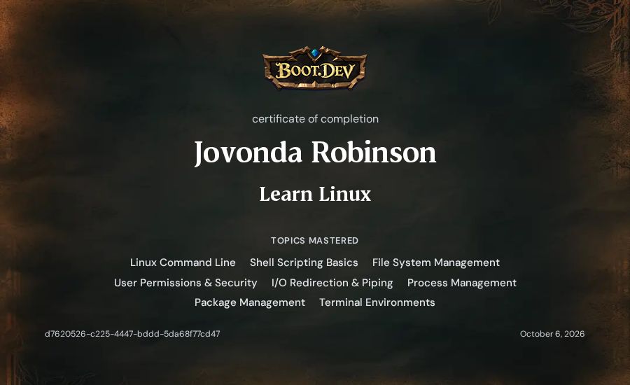 Jovonda Robinson's Boot.dev Learn Linux certificate