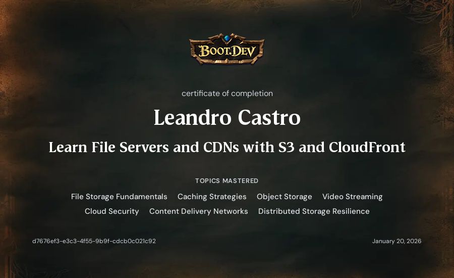 Leandro Castro's Boot.dev Learn File Servers and CDNs with S3 and CloudFront certificate