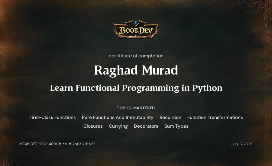 Raghad Murad's Boot.dev Learn Functional Programming in Python certificate