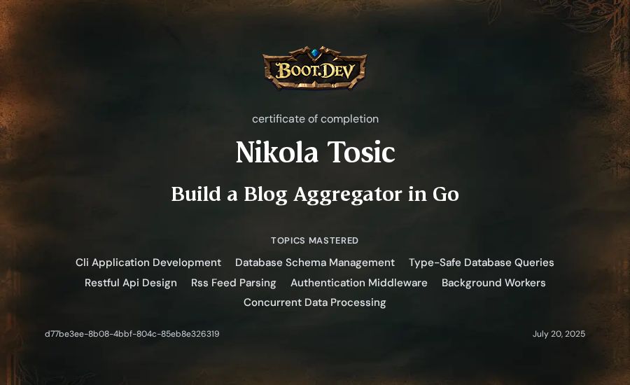 Nikola Tosic's Boot.dev Build a Blog Aggregator in Go certificate