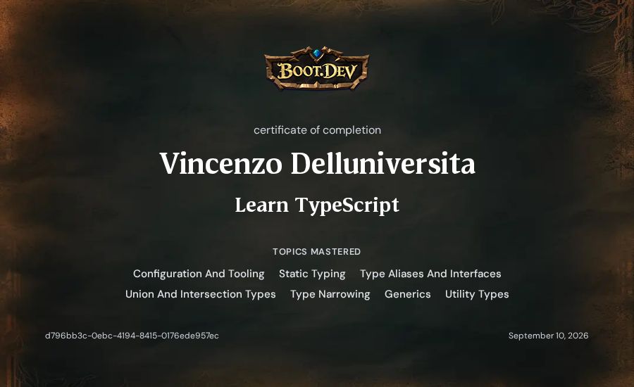 Vincenzo Delluniversita's Boot.dev Learn TypeScript certificate