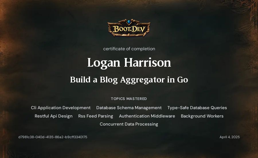 Logan Harrison's Boot.dev Build a Blog Aggregator in Go certificate