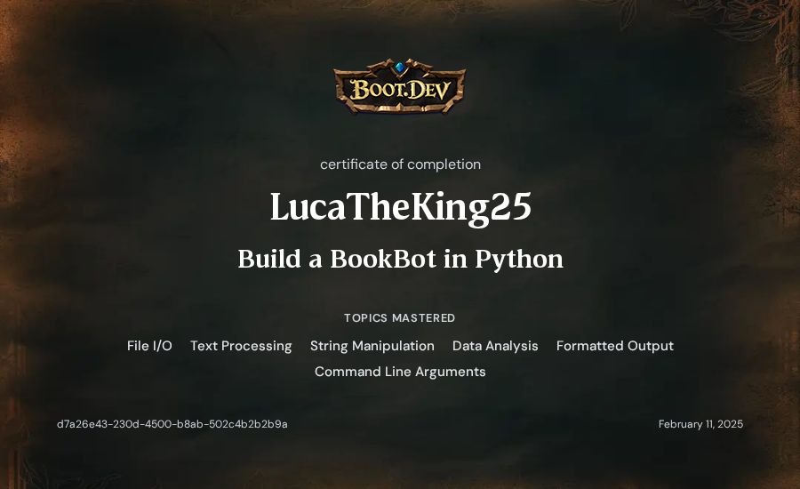 LucaTheKing25's Boot.dev Build a BookBot in Python certificate
