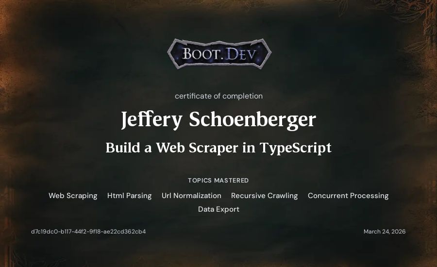 Jeff Schoenberger's Boot.dev Build a Web Scraper in TypeScript certificate