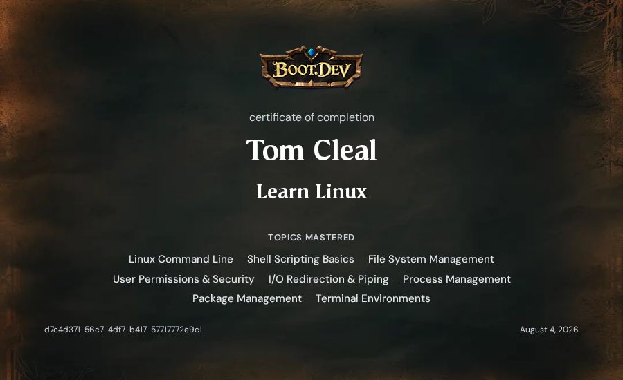 Tom Cleal's Boot.dev Learn Linux certificate