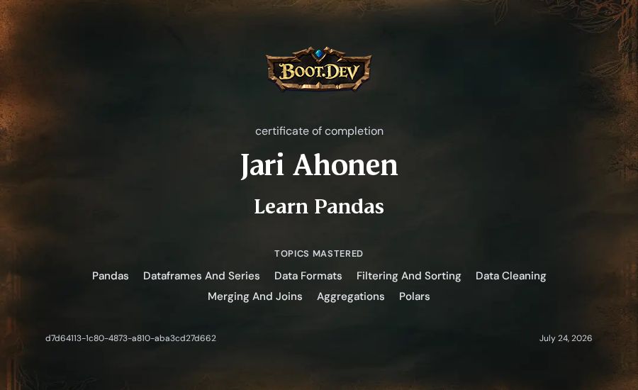 Jari Ahonen's Boot.dev Learn Pandas certificate