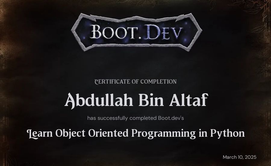 Abdullah Bin Altaf's Boot.dev Learn Object Oriented Programming in Python certificate