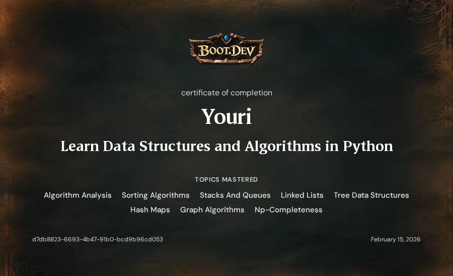 Youri's Boot.dev Learn Data Structures and Algorithms in Python certificate