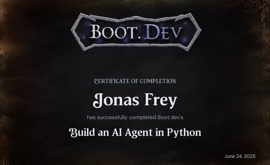 Jonas Frey's Boot.dev Build an AI Agent in Python certificate