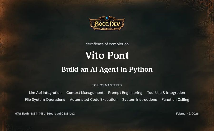 Vito Pont's Boot.dev Build an AI Agent in Python certificate