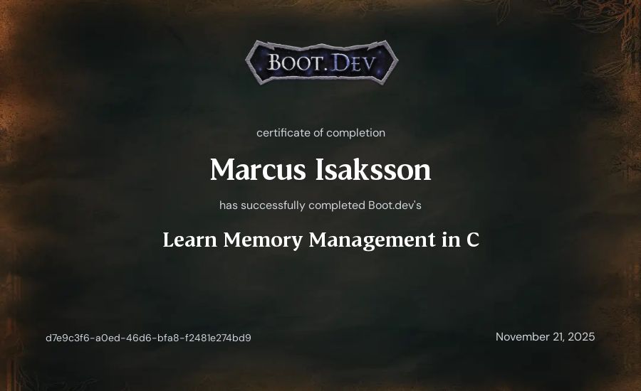 Marcus Isaksson's Boot.dev Learn Memory Management in C certificate