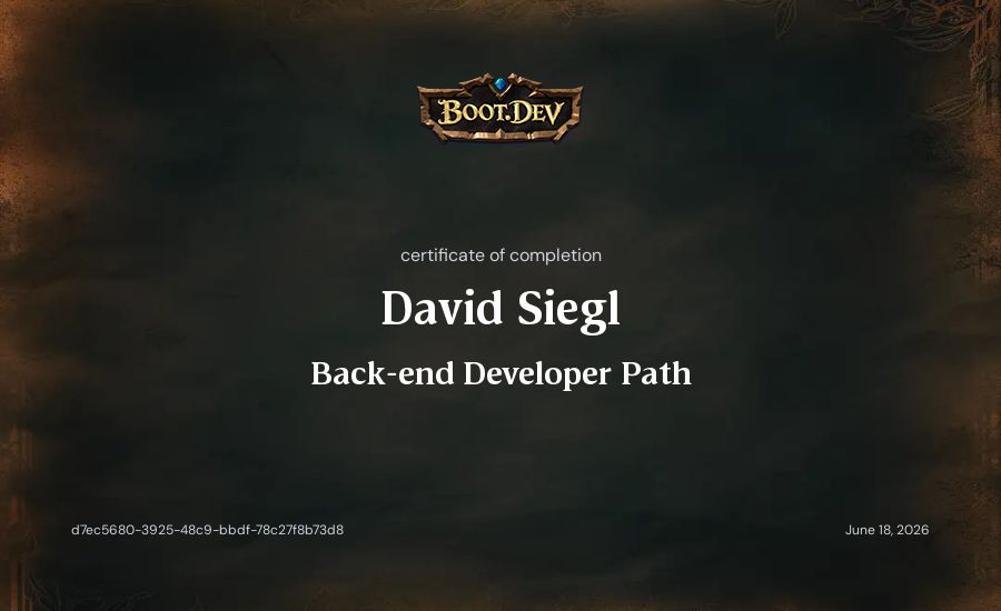 David Siegl's Boot.dev Back-end Developer Path certificate