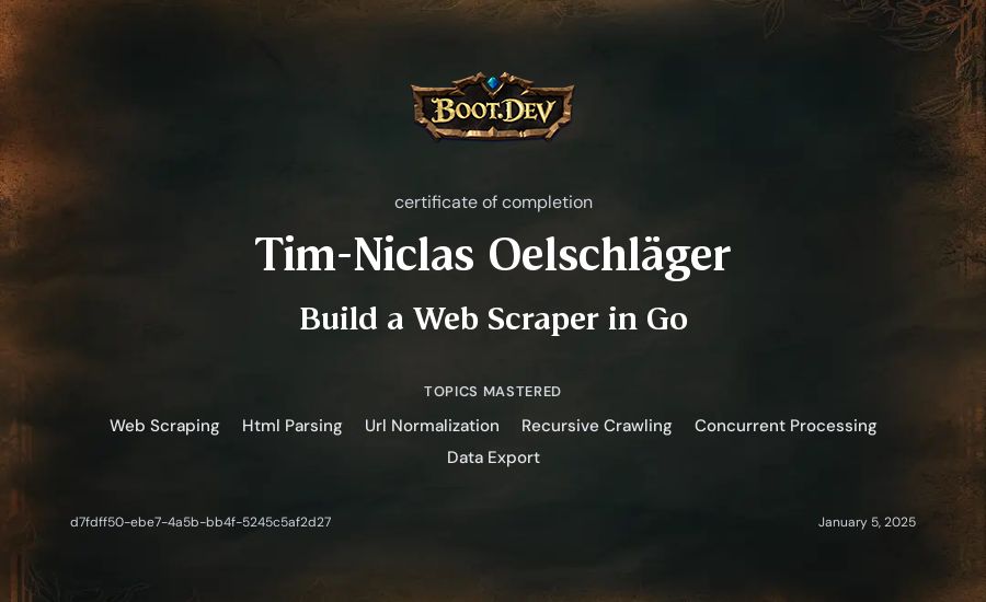 Tim-Niclas Oelschläger's Boot.dev Build a Web Scraper in Go certificate