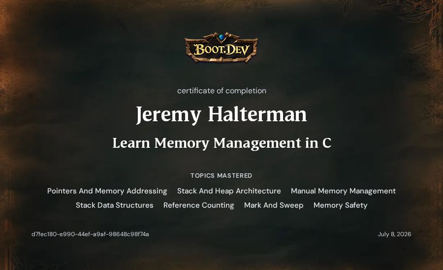 Jeremy Halterman's Boot.dev Learn Memory Management in C certificate
