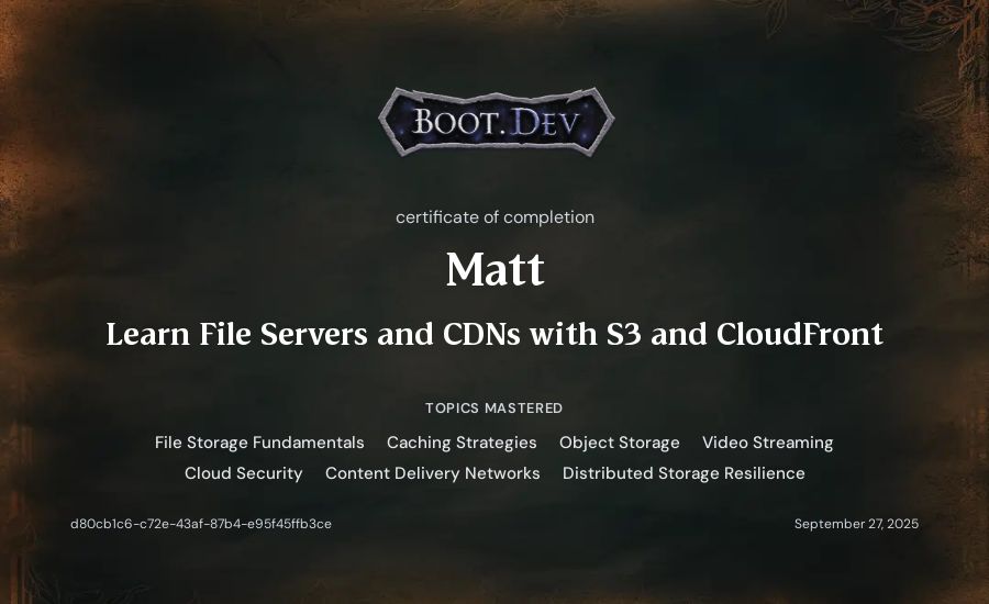 Matt's Boot.dev Learn File Servers and CDNs with S3 and CloudFront certificate