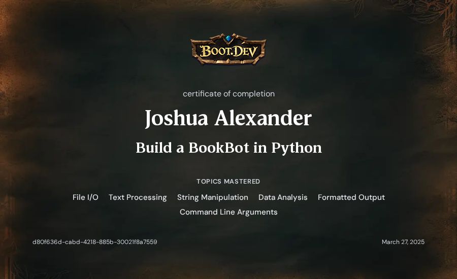 Joshua Alexander's Boot.dev Build a BookBot in Python certificate