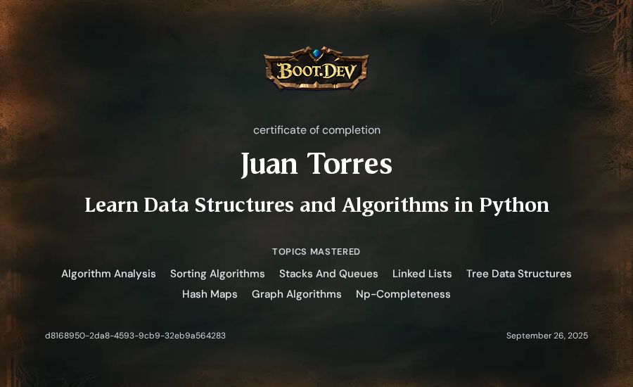 Juan Torres's Boot.dev Learn Data Structures and Algorithms in Python certificate