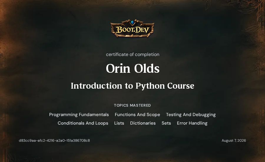 Orin Olds's Boot.dev Introduction to Python Course certificate