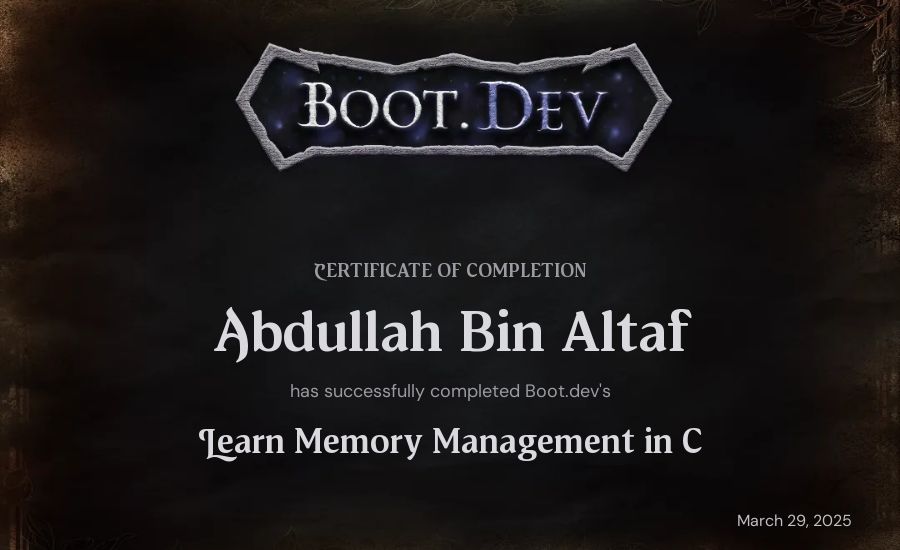 Abdullah Bin Altaf's Boot.dev Learn Memory Management in C certificate