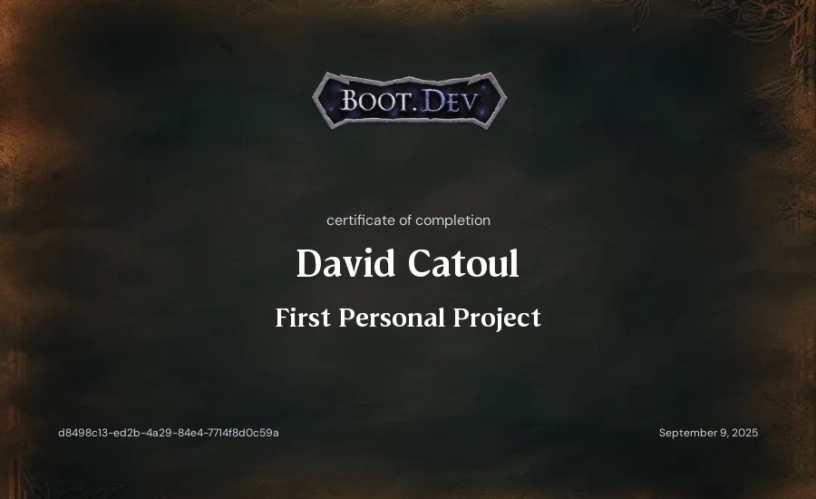 David Catoul's Boot.dev First Personal Project certificate