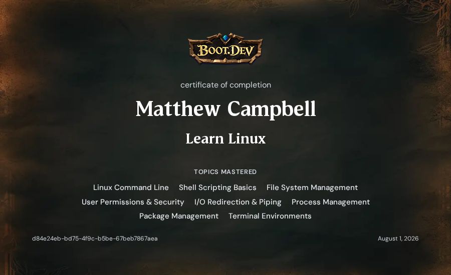Matthew Campbell's Boot.dev Learn Linux certificate