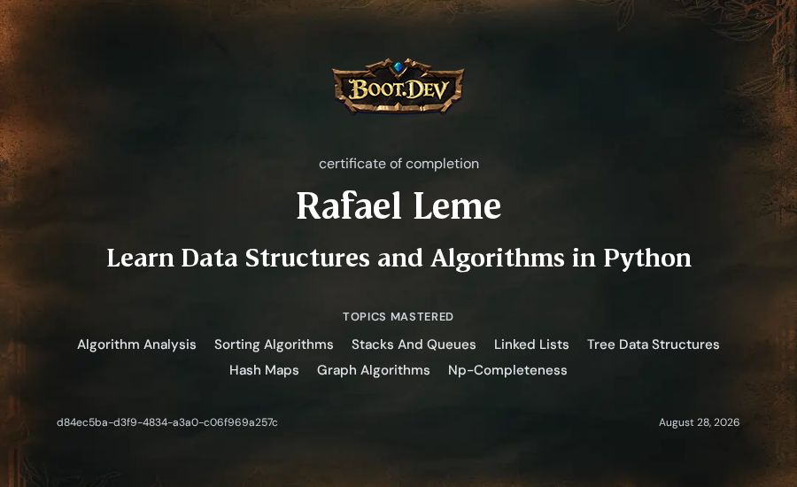 Rafael Leme's Boot.dev Learn Data Structures and Algorithms in Python certificate