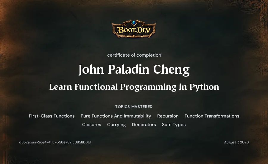 John Paladin Cheng's Boot.dev Learn Functional Programming in Python certificate